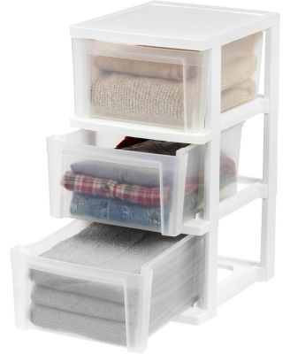 USA 3-Drawer Plastic Storage Dresser, 2-Pack, Standing Organizer Storage Container Bin with Drawers for Clothes Crafts Classroom, White/Clear