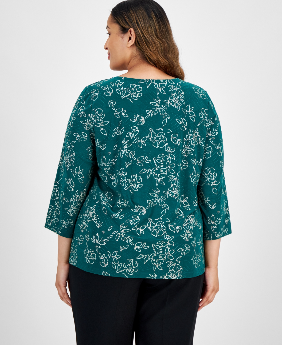 Jm Collection Plus Size 3/4-sleeve Jacquard Top, Created For Macy's In Pure Emerald Combo