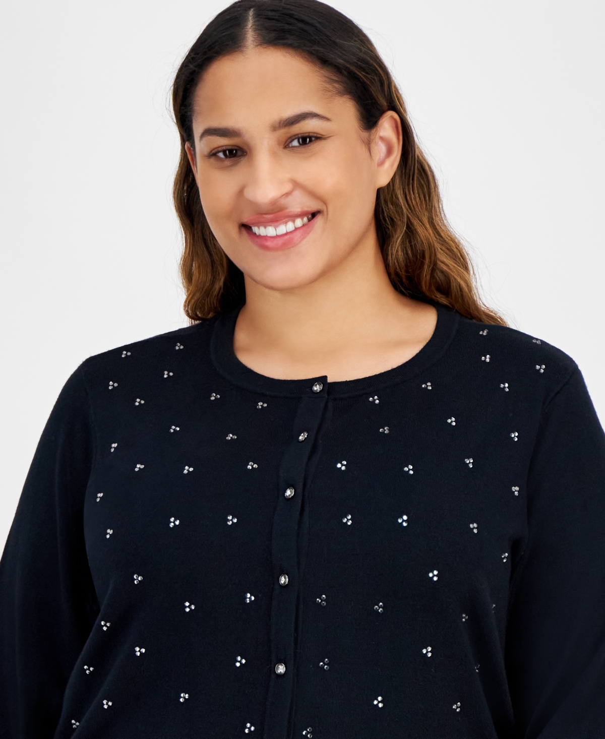Jm Collection Plus Size Rhinestone Button-Front Cardigan, Created for Macy's