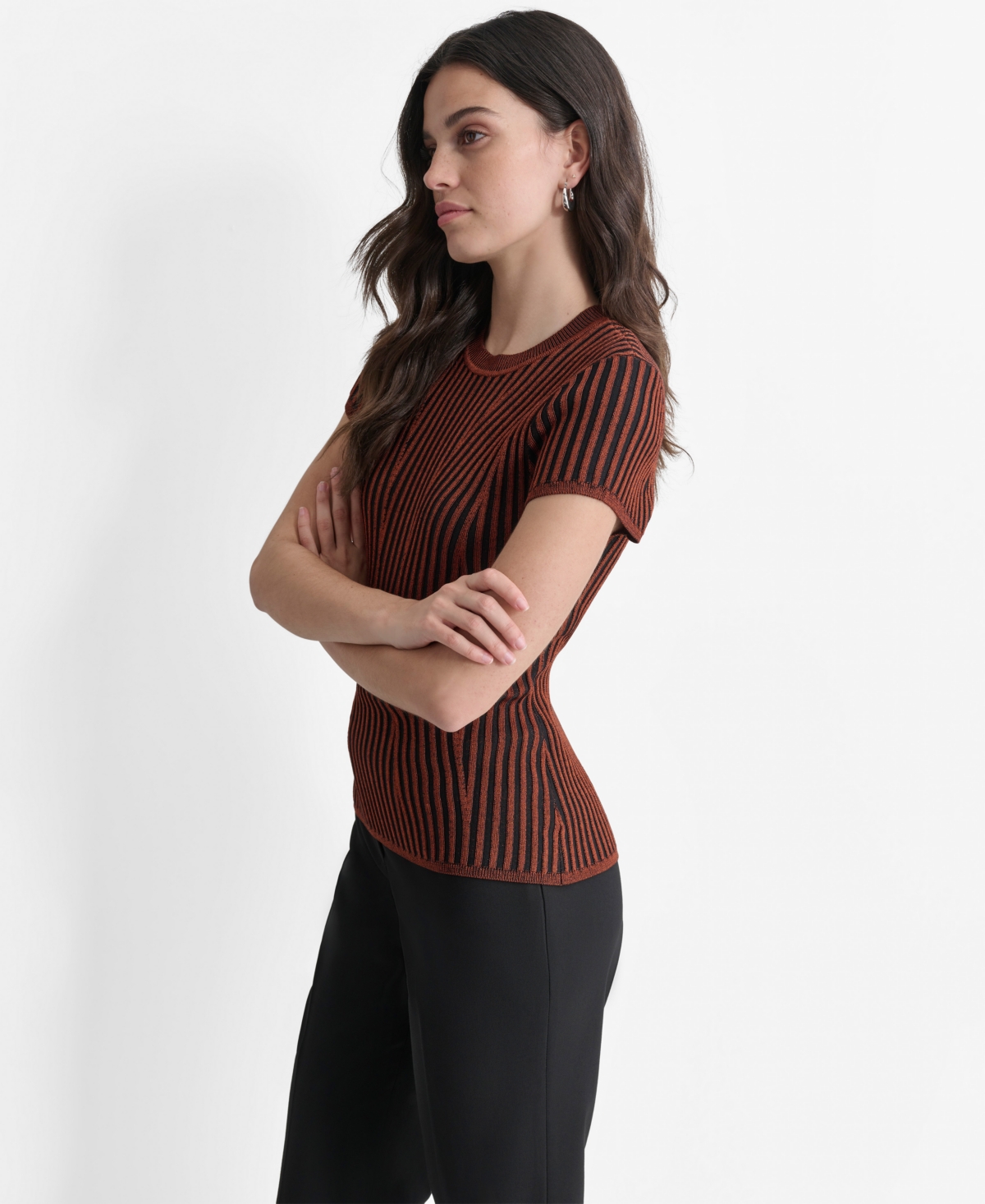 Dkny Women's Ribbed Two-Tone Short-Sleeve Sweater -bla