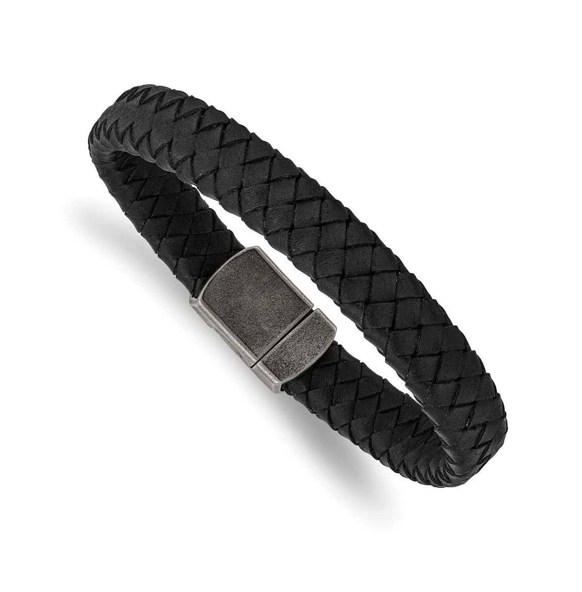 Stainless Steel Antiqued Black Braided Leather Bracelet - Black