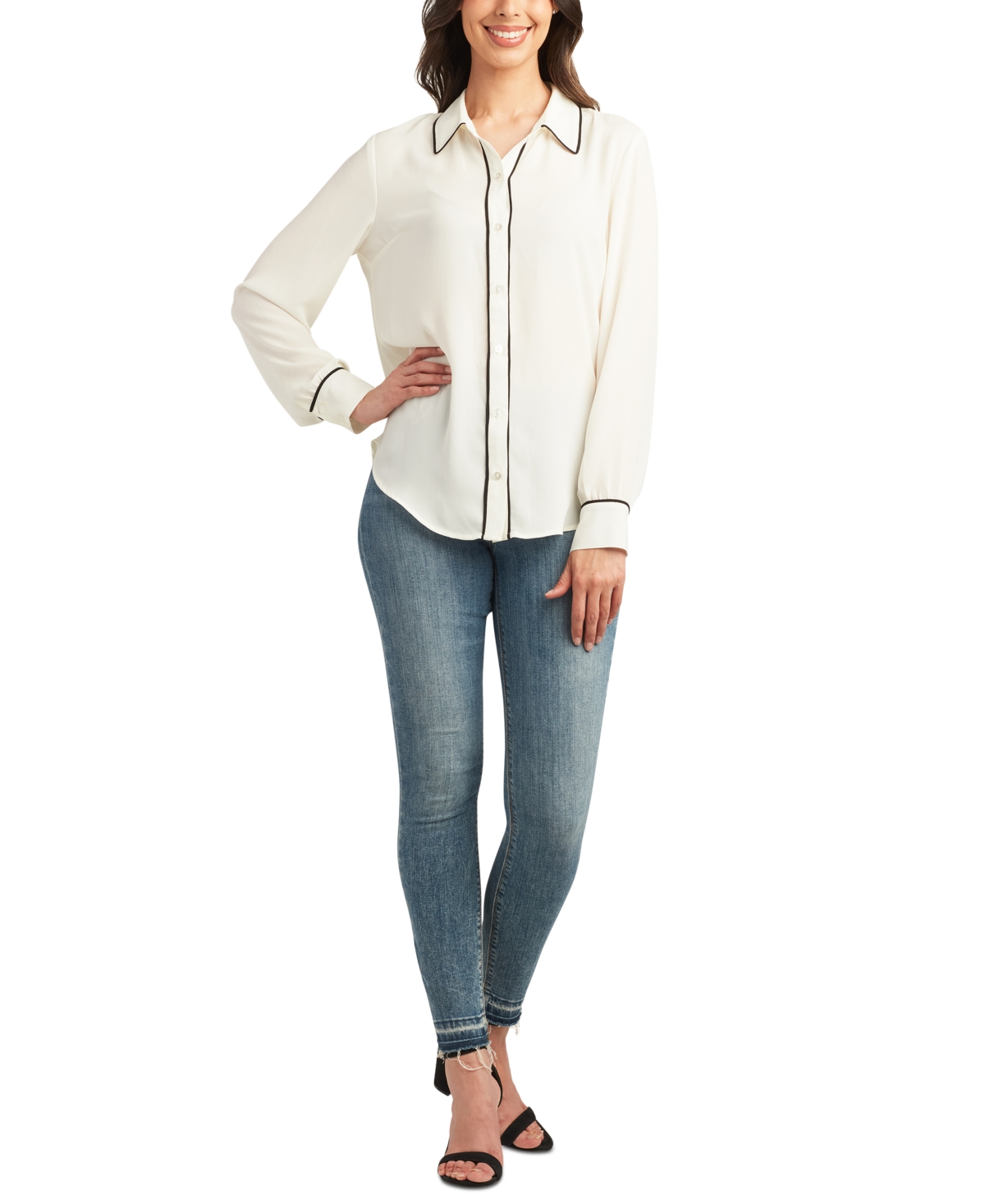 Bcx Juniors' Contrast-Piping Long-Sleeve Blouse