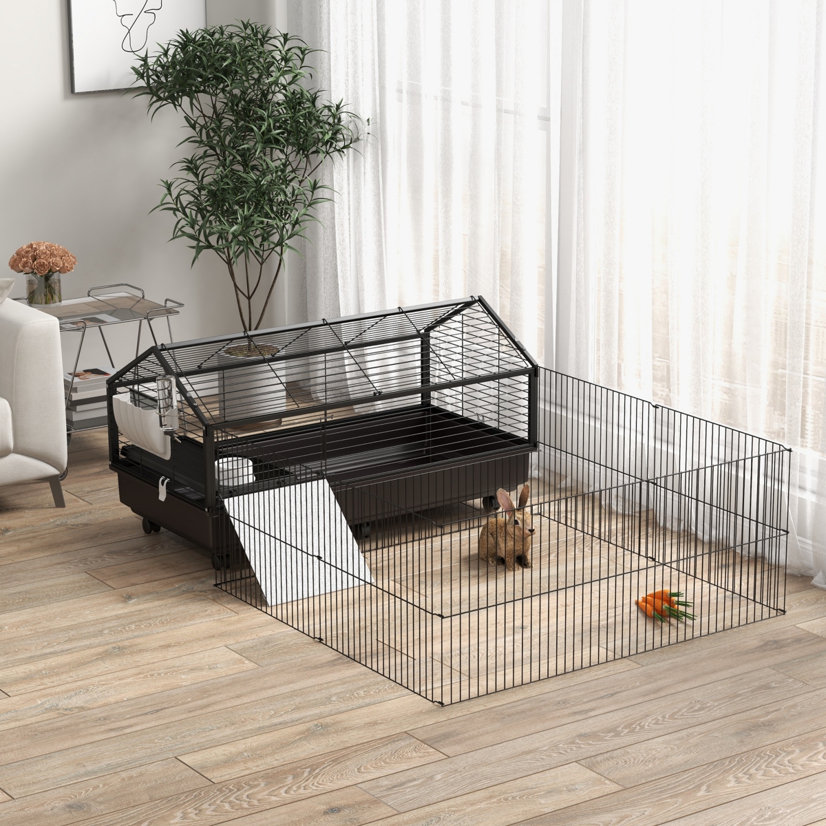 PawHut Small Animal Playpen Cage with Rolling Caster, Water Bottle - Black and beige