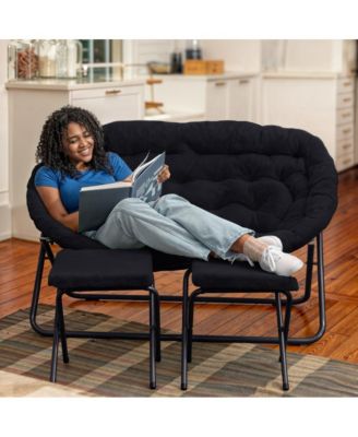 Janey Folding Double Saucer Chair With 2 Ottomans And Steel Frame For Dorm Or Bedroom