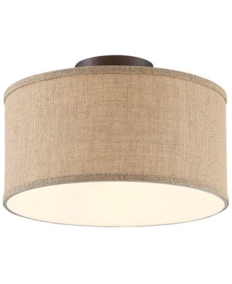 Adams Modern Ceiling Light Semi Flush Mount Fixtures 14" Wide Set of 2 Bronze Burlap Fabric Drum Shade for Bedroom Kitchen Living Room
