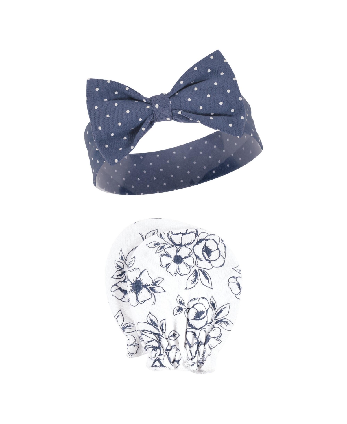 Hudson Baby Baby Girls Cotton Headband and Scratch Mitten Set, Months - Blue toile