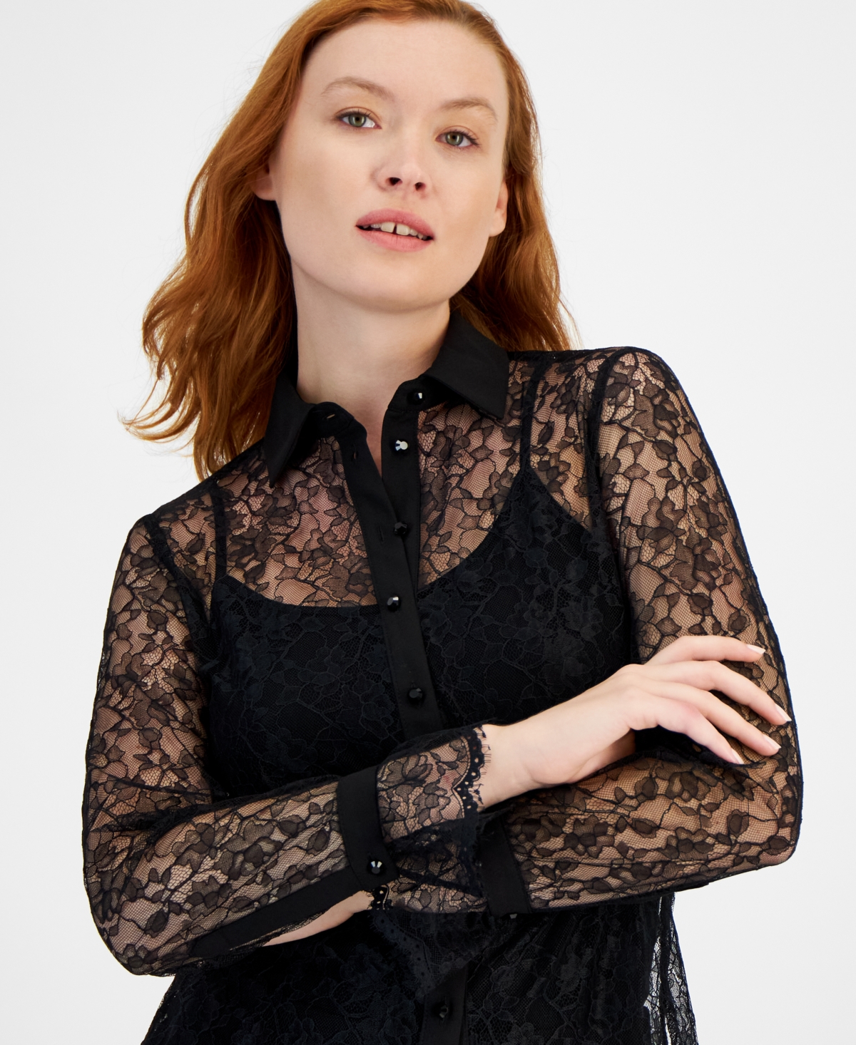 Anne Klein Women's Long-Sleeve Button-Front Lace Shirt