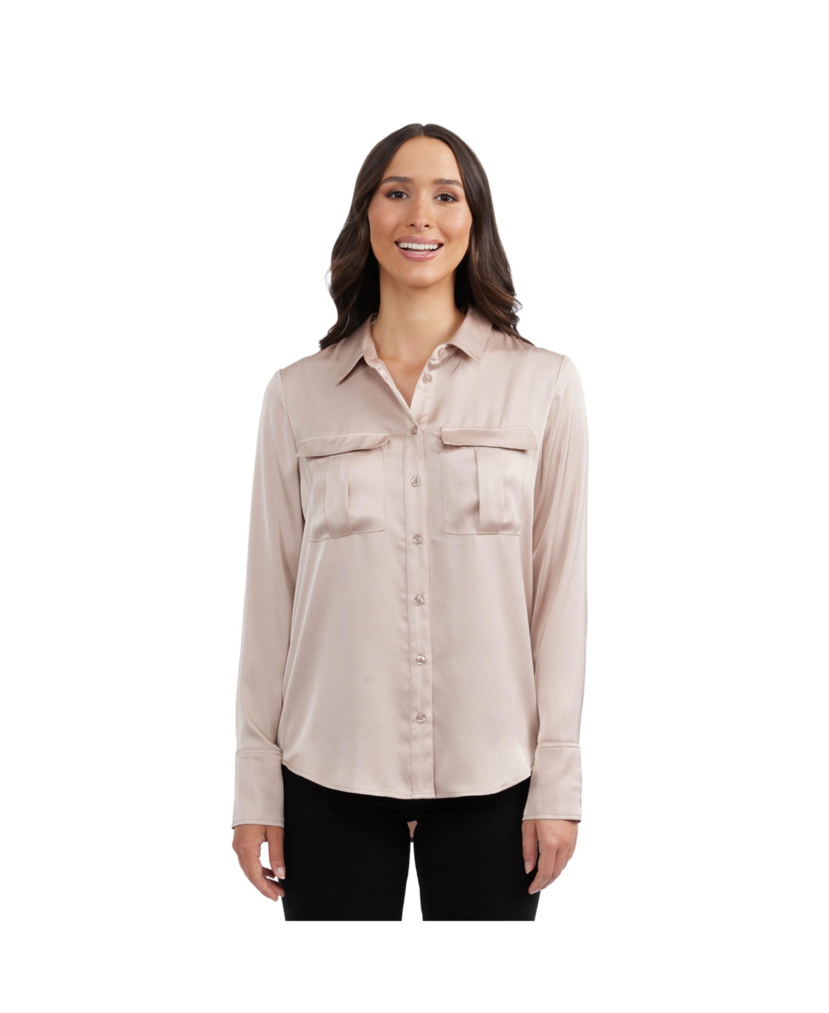Women's Satin Blouse with Patch Pockets - Taupe