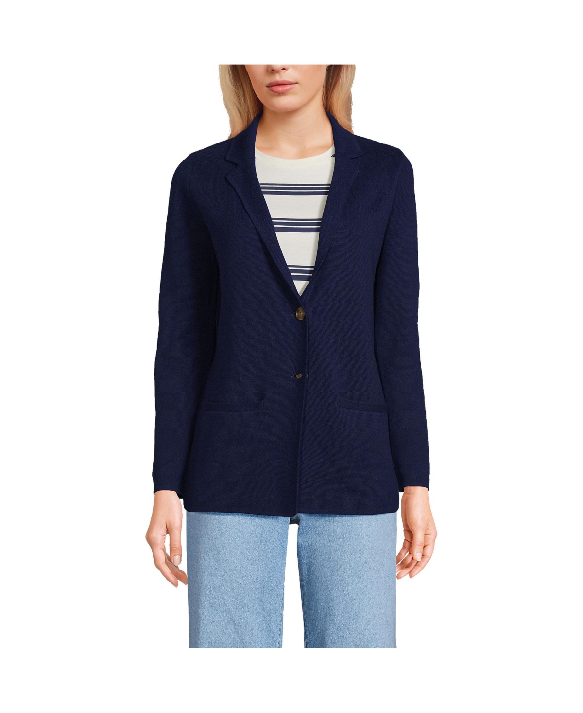 Petite Fine Gauge Cotton Button Front Blazer Sweater - Deep sea navy