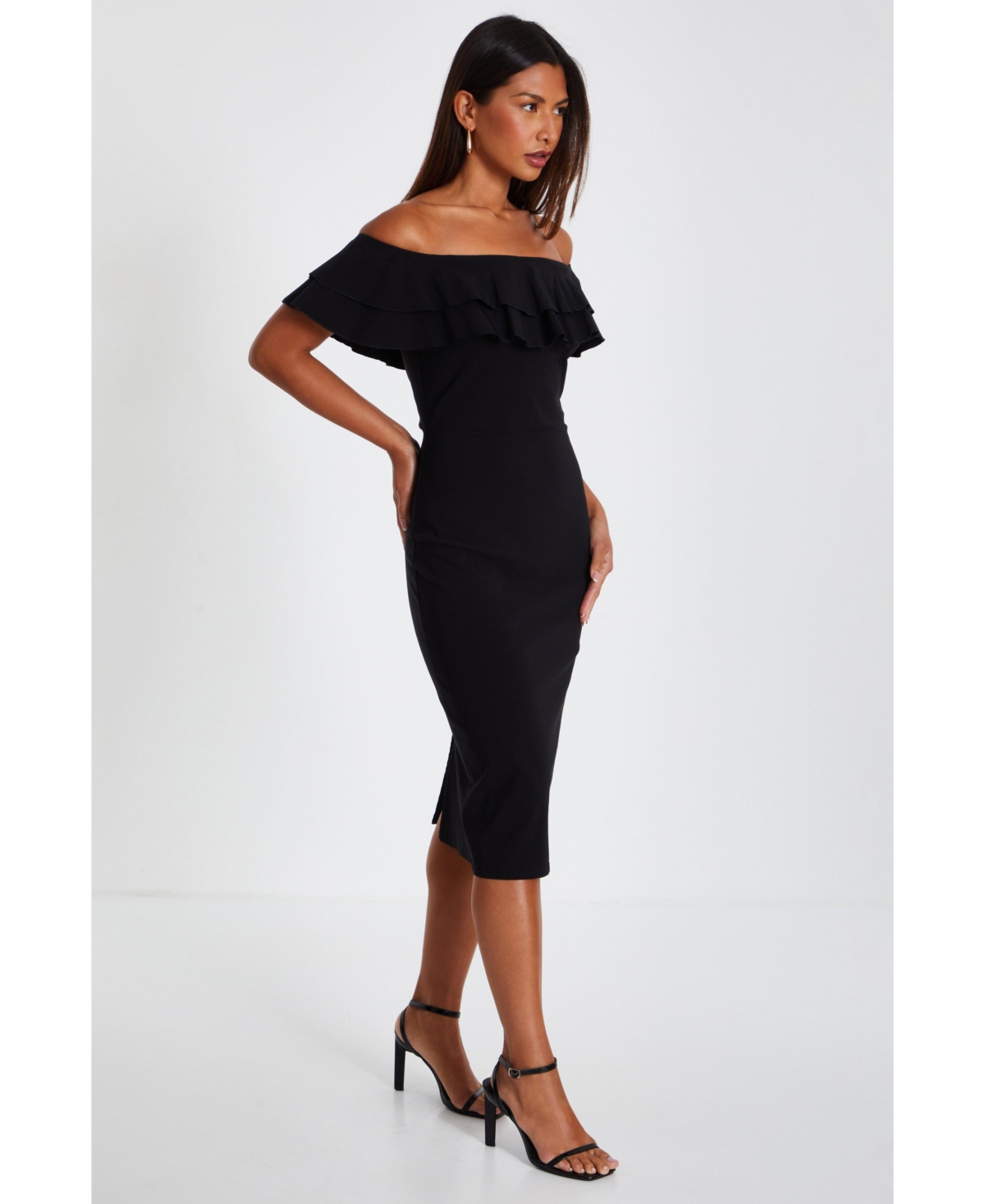 Quiz Women's Bengaline Ruffle Bardot Midi Bodycon Dress