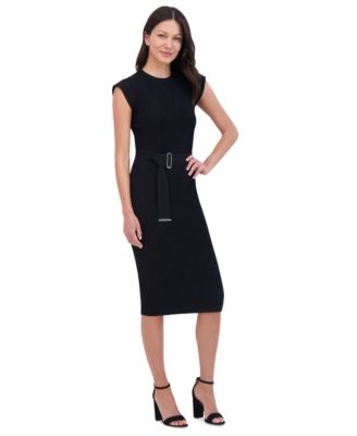 Vince Camuto Petite Round-Neck Belted Short-Sleeve  Dress 