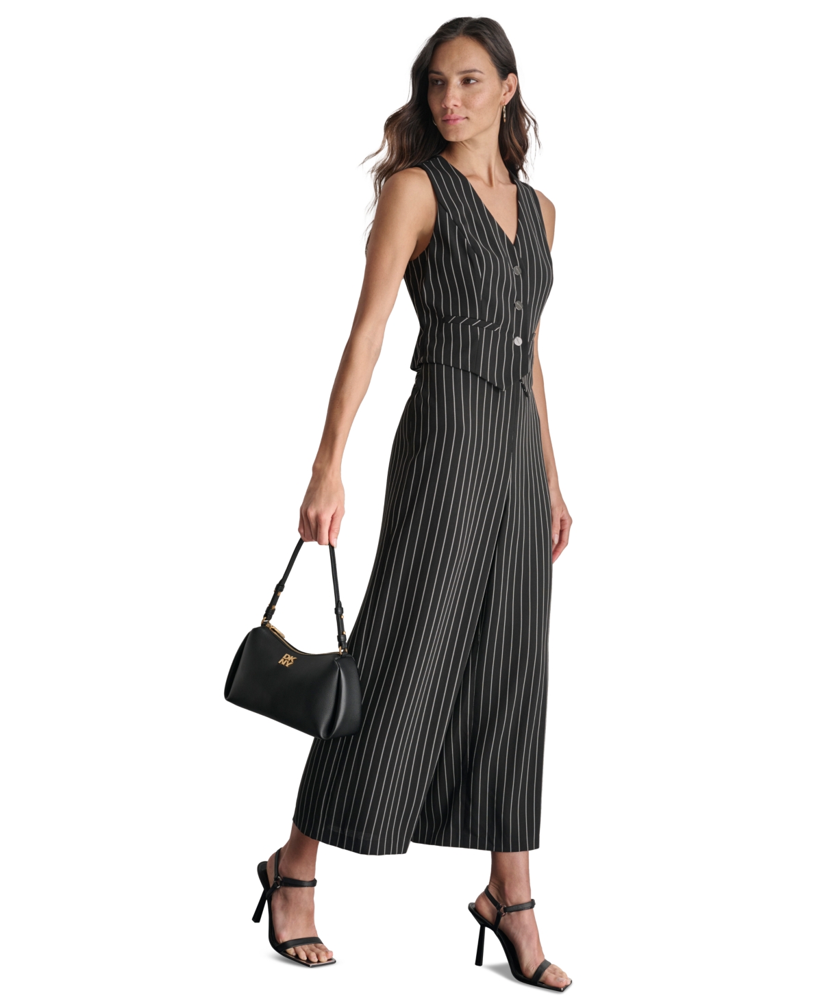 Dkny Women's V-Neck Pinstripe Sleeveless Jumpsuit -Ivory