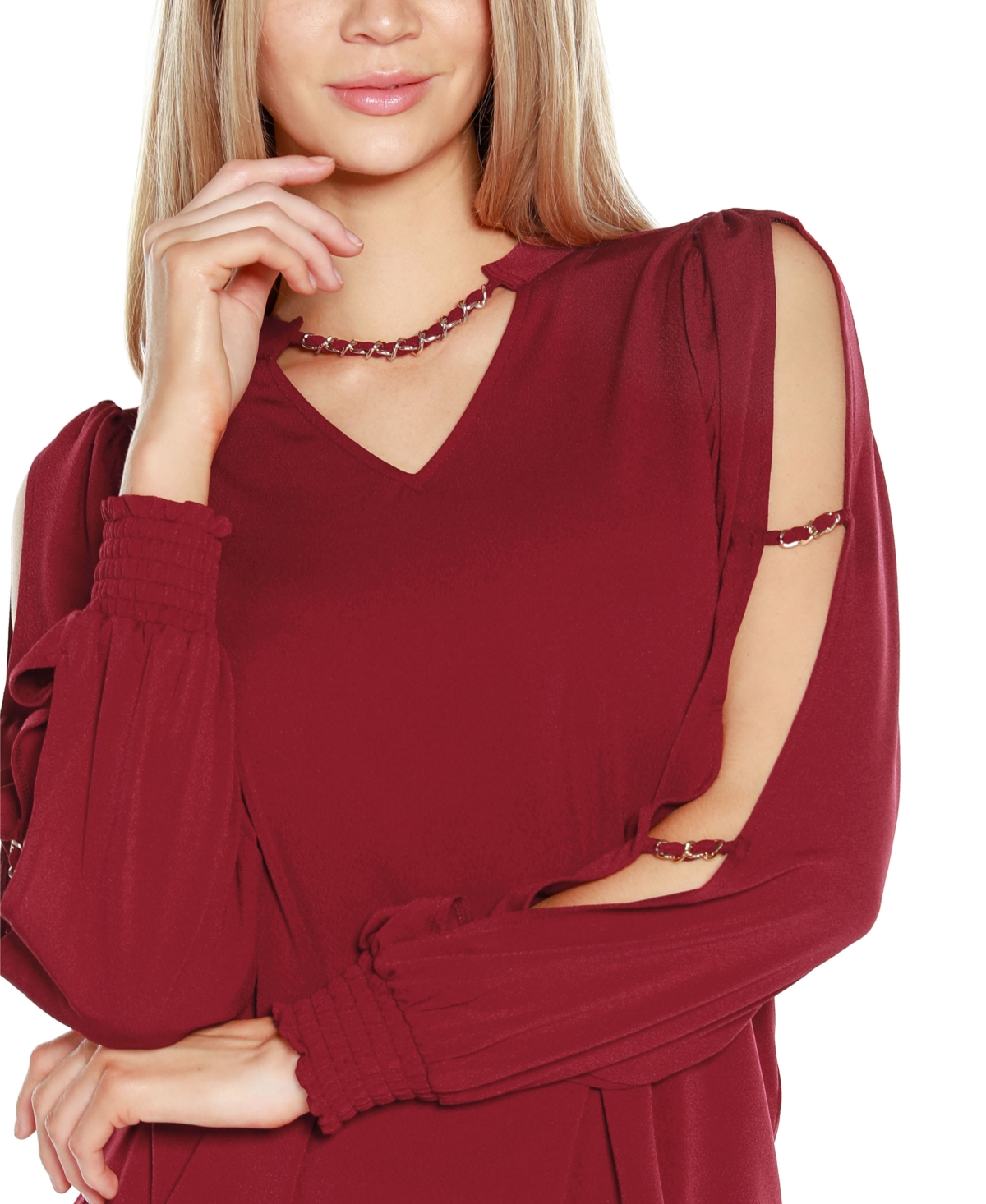Belldini Black Label Women's Split-Sleeve Chain-Neck Keyhole Top