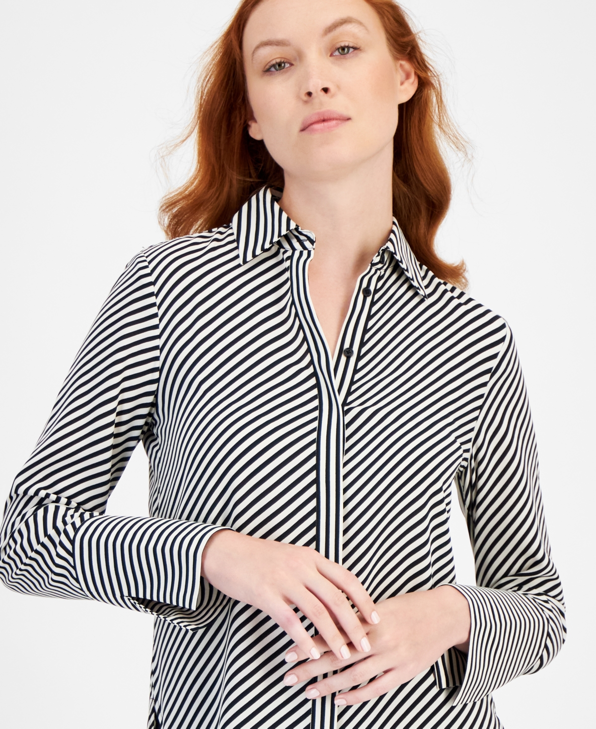 Anne Klein Printed Slit-Cuff Blouse -Anne White