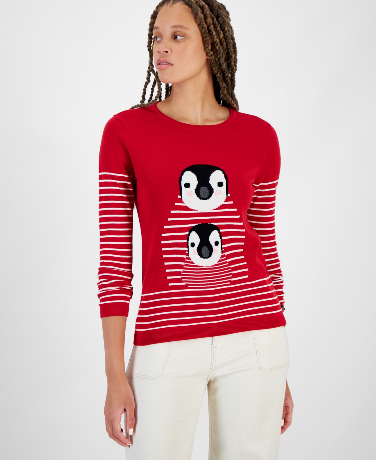 Nautica Jeans Women's Cotton Striped Penguin Sweater In Haute Red Multi