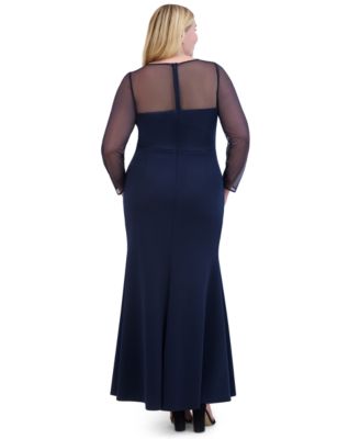 Eliza J Plus Size Boat-Neck Mesh-Long-Sleeve Gown