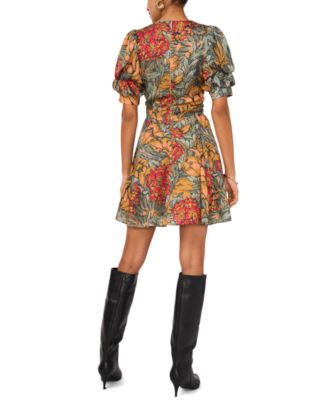 1.STATE Women's Floral V-Neck Tiered Bubble Puff Sleeve Mini