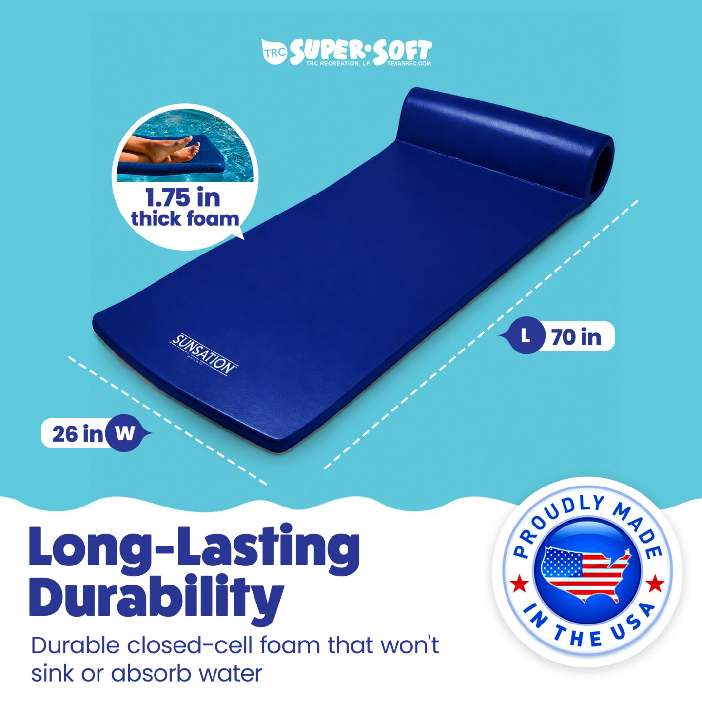 Детская игрушка TRC Recreation Sunsation 1.75" Thick Foam Lounger Swimming Pool Float, Navy Blue — фото 9