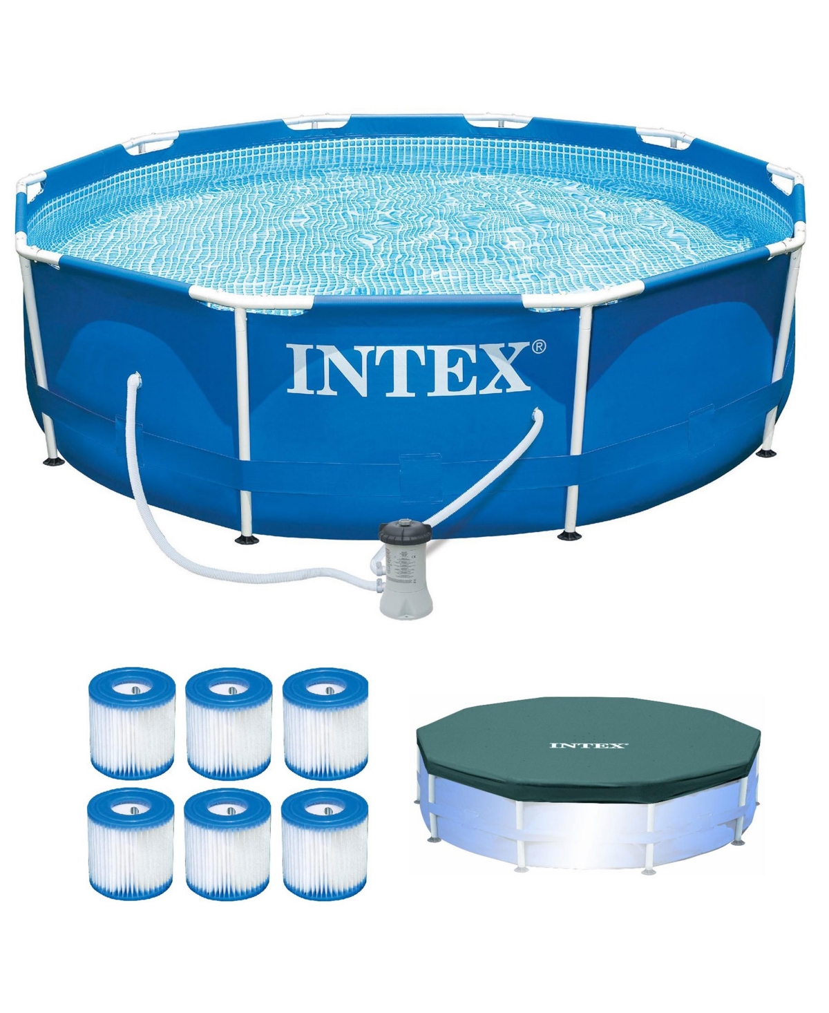 Metal Frame Outdoor Pool Set with Cover & Type H Filter Cartridge (6 pack) - Blue