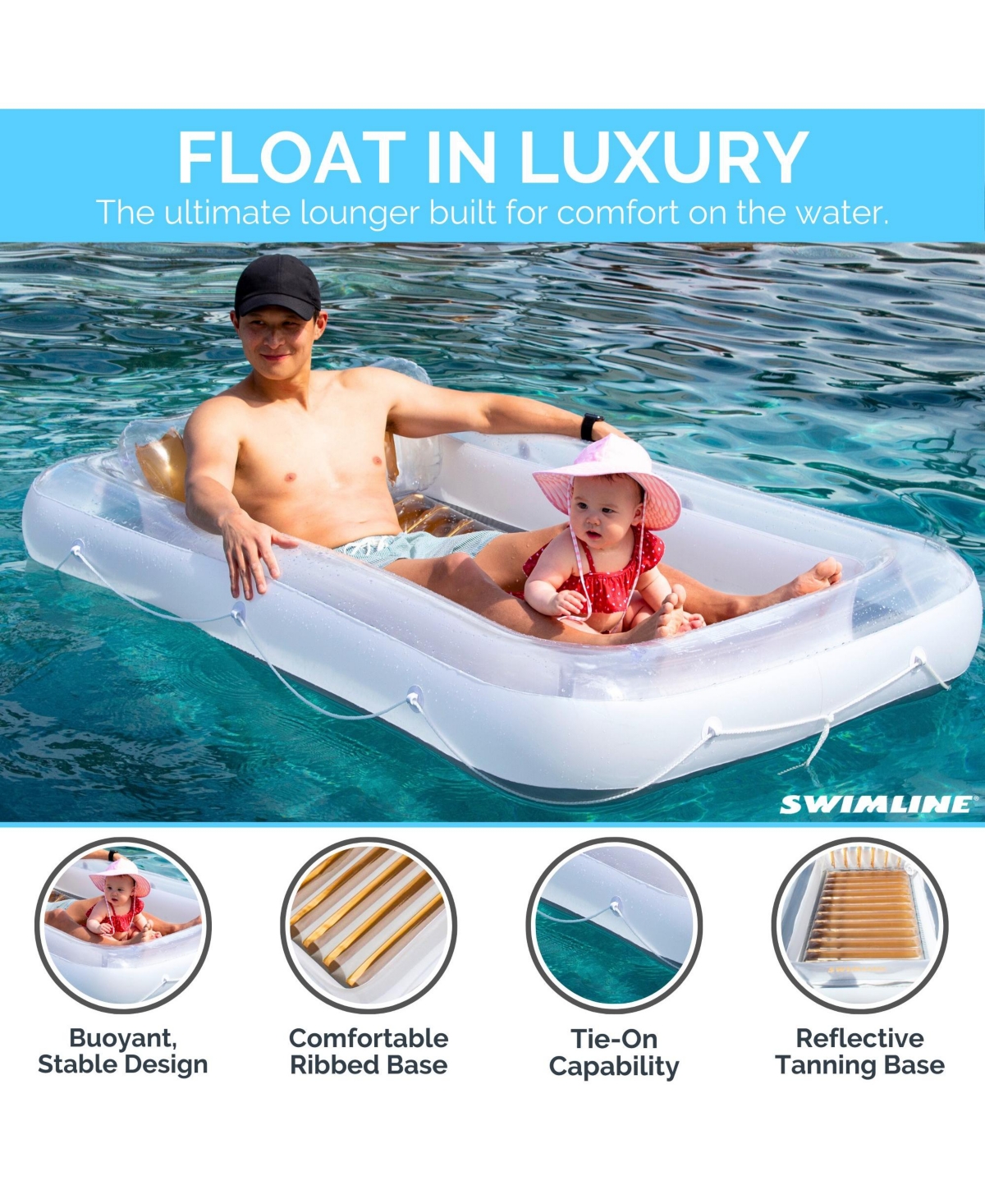 Swimline Luxe Edition Inflatable Suntan Tub Floating Pool Lounger,& Gold - White/gold