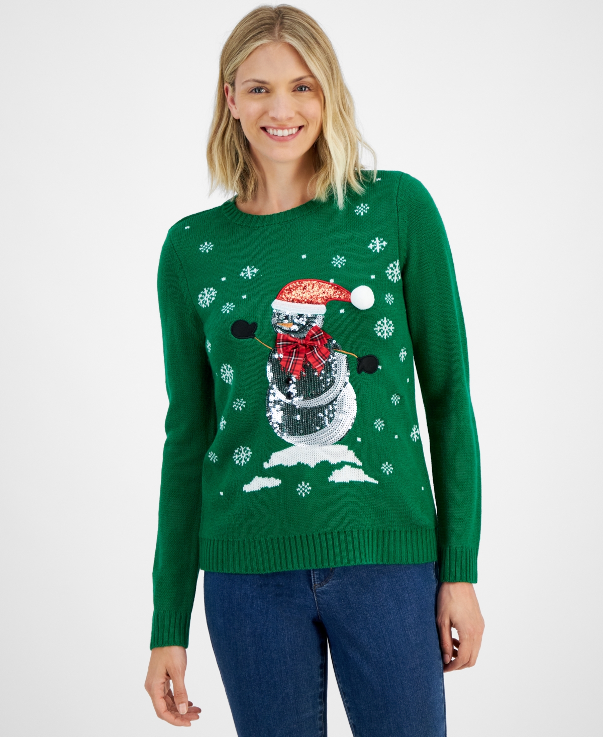 CHARTER CLUB WOMEN'S SEQUINED SNOWMAN CREWNECK SWEATER, CREATED FOR MACY'S 