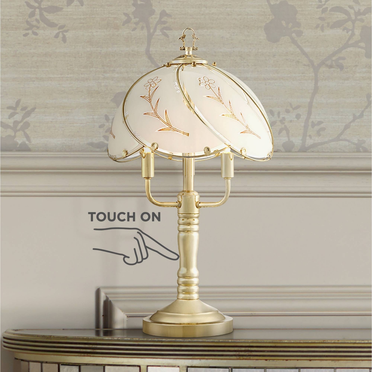 Regency Hill Flower Traditional Accent Table Lamp 19 1/2" High Polished Brass Touch On Off Floral Glass Shade for Bedroom Living Room Bedside Off