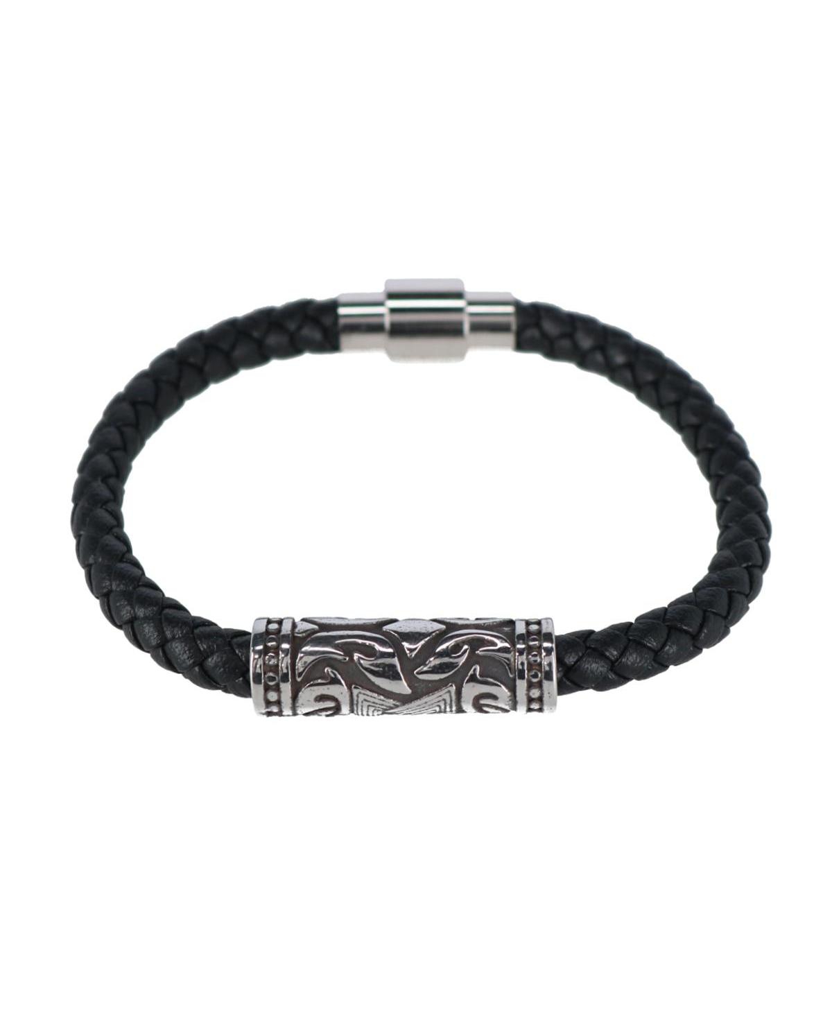Silver Filigree Pattern on Black Leather Bracelet - Black