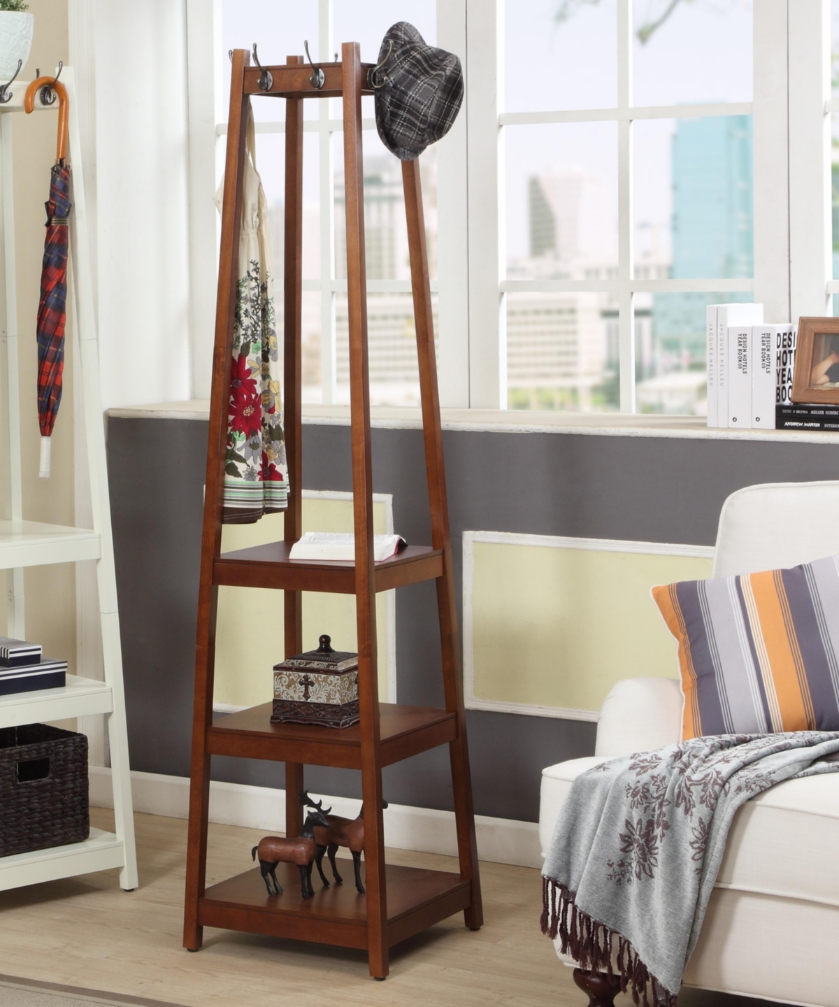 Coat Rack w/ 3-Tier Storage Shelves in Espresso Finish - Espresso