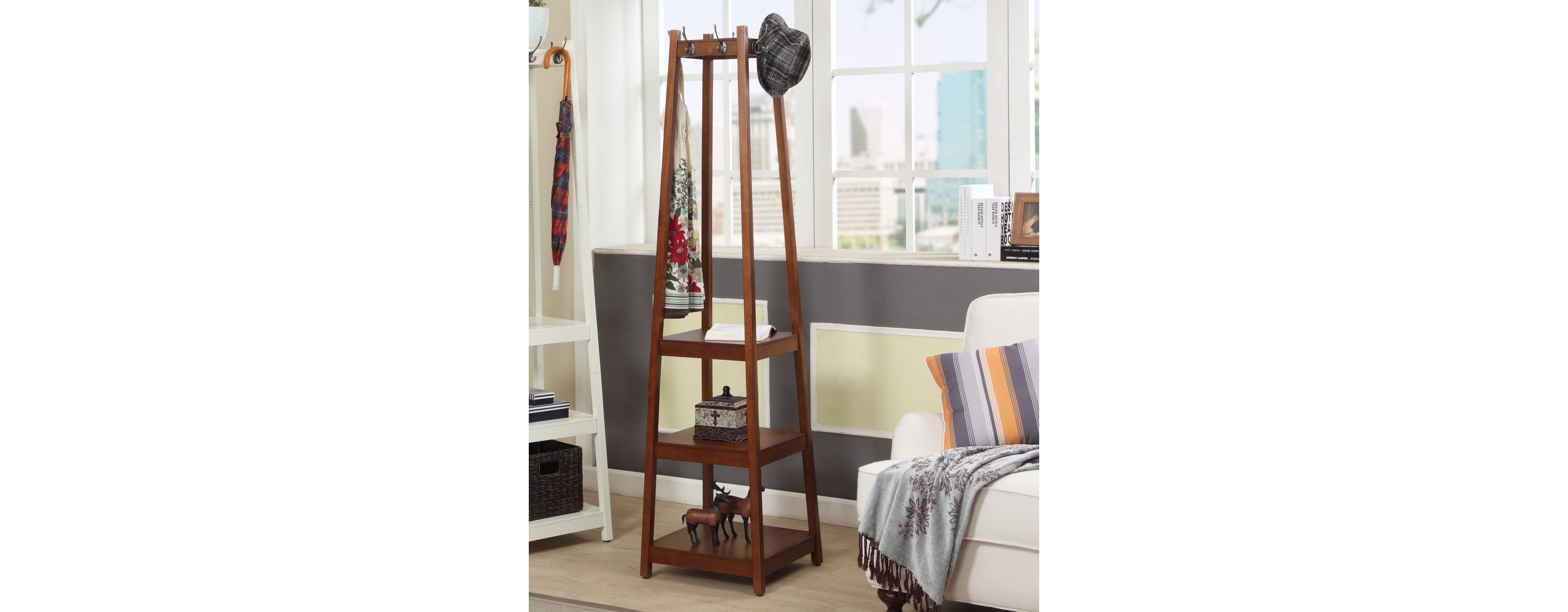 Coat Rack w/ 3-Tier Storage Shelves in Espresso Finish