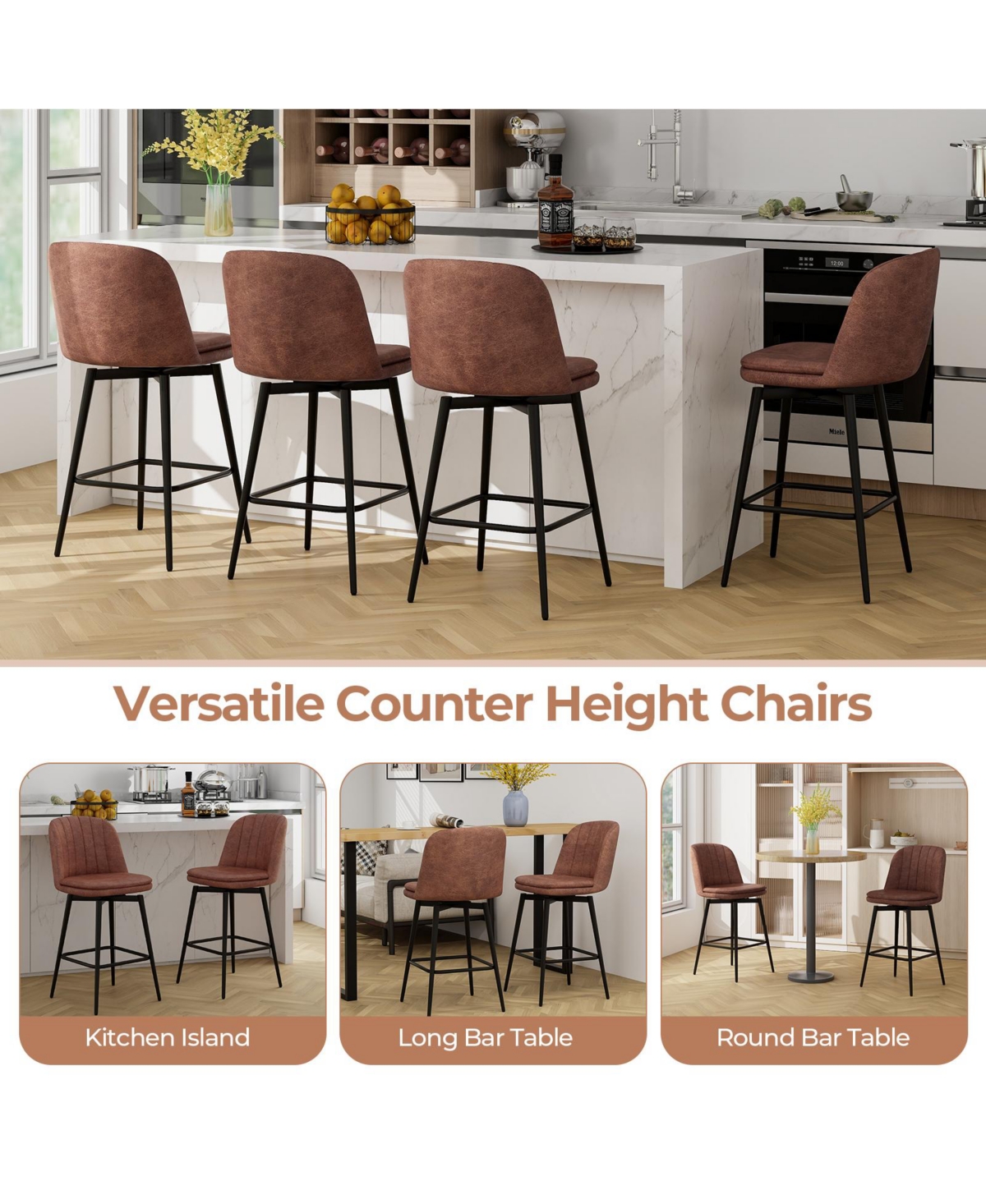 Slickblue 27 Inch Swivel Bar Stool Set of 2 Counter Height Chair with Padded Seat-Black and- Brown, Black