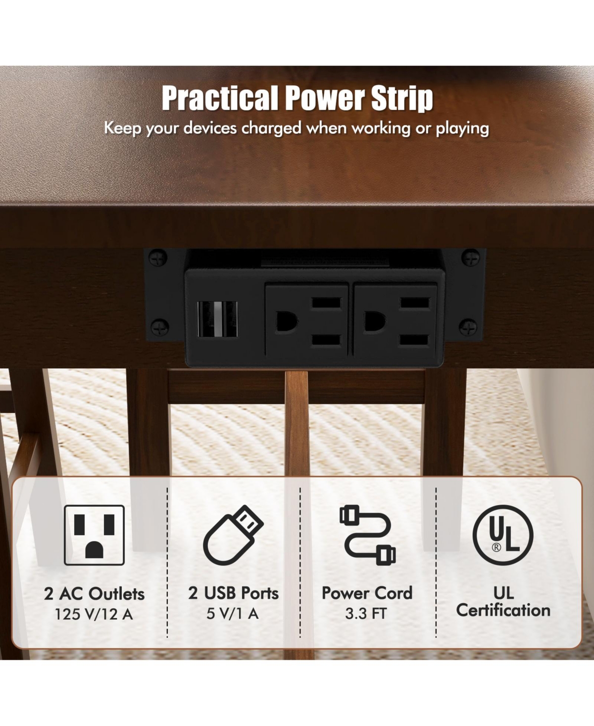 Slickblue 4-Piece Bar Table Set Counter-Height Table and 3 Pvc Leather Upholstered Bar Stools-Brown - Walnut and Brown