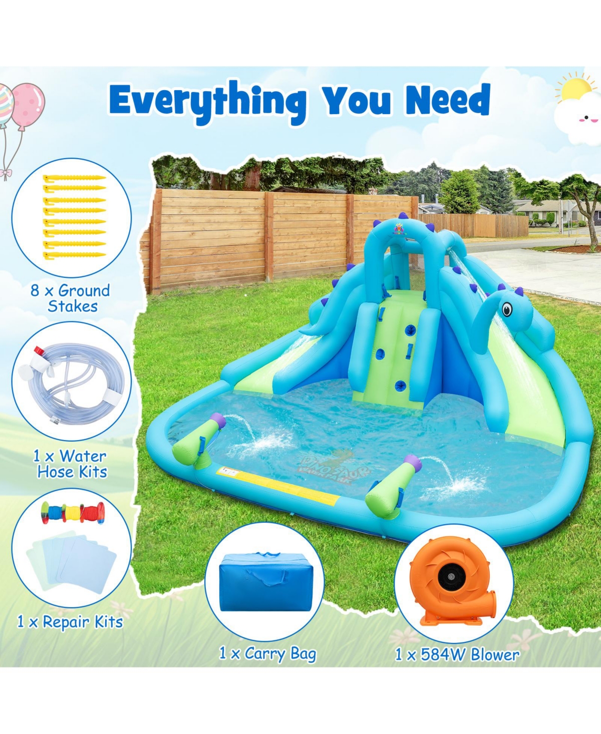 Slickblue Inflatable Water Slide with Dual Slides and Large Splash Pool and Carry Bag (with 584W Blower)