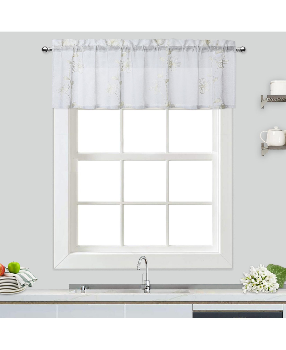 Caromio Floral Embroidered Voile Sheer Kitchen Valance Curtain, 52