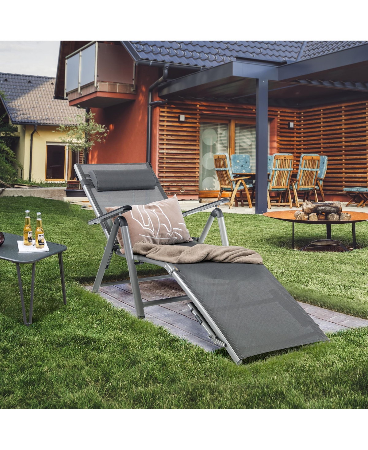 Gymax 2PCS Patio Lounge Chair Rustproof Aluminum Folding Chaise w/ Adjustable Backrest & Footrest - Black+grey