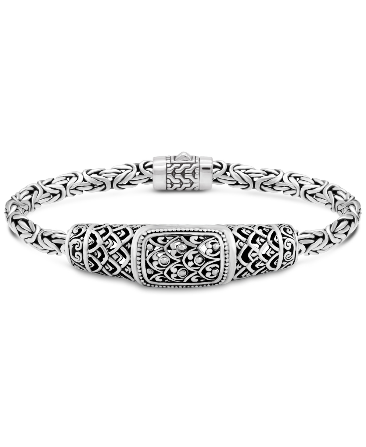 Bali Dragon Skin with Borobudur Oval 5mm Chain Bracelet in Sterling Silver - Silver
