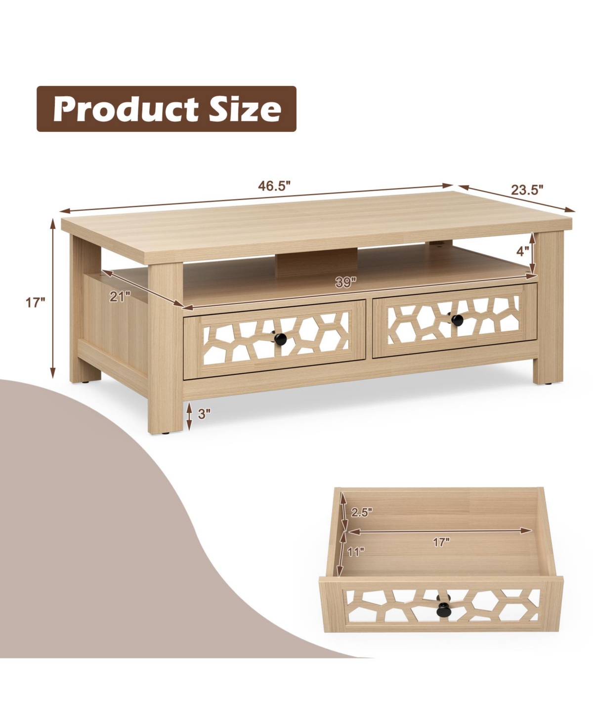 Slickblue 3-tier Coffee Table with 2 Drawers and 5 Support Legs
