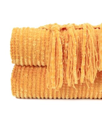 Premium Soft Golden Chenille Knitted Textured Decorative Throw Blanket - Elegant Lightweight Luxury Fuzzy Cozy Decor with Tassels 50x65 Inche