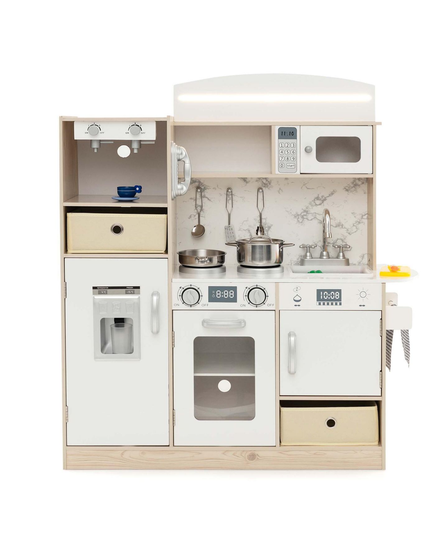Детские игрушки Costway LED Lighting Coffee Maker 19-Piece Wooden Play Kitchen, от 3 лет, цвет: Белый — фото 10