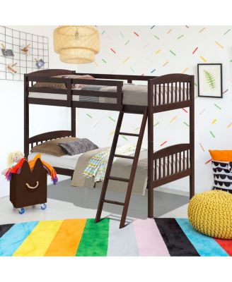 Hardwood Twin Bunk Bed Frames with Inclined Ladder and Safety Guardrails