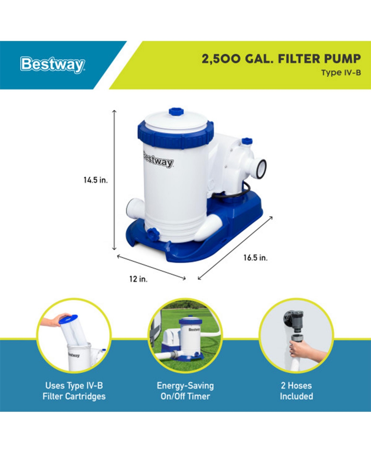 Bestway Flowclear 2,500 Gph 120V Above Ground Swimming Pool Water Filter Pump -blue