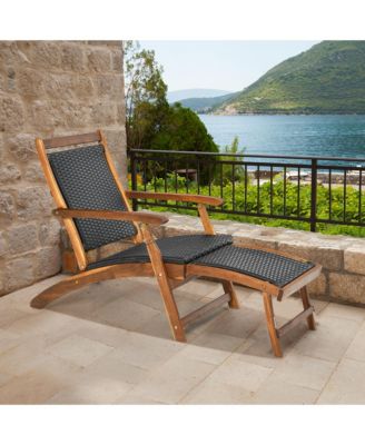 Folding Patio Acacia Wood Deck Chair Rattan Chaise Lounge Chair w/ Footrest