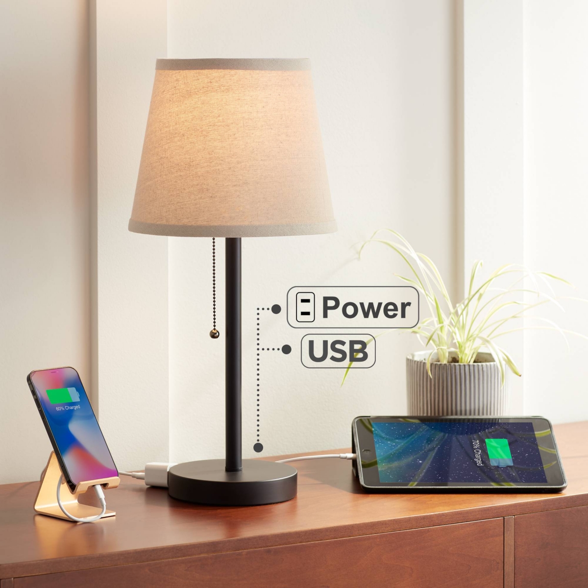 360 Lighting Flesner Modern Desk Table Lamp with Hotel Style Usb and Ac Power Outlet in Base High Bronze Metal Oatmeal Drum Shade for Living Room