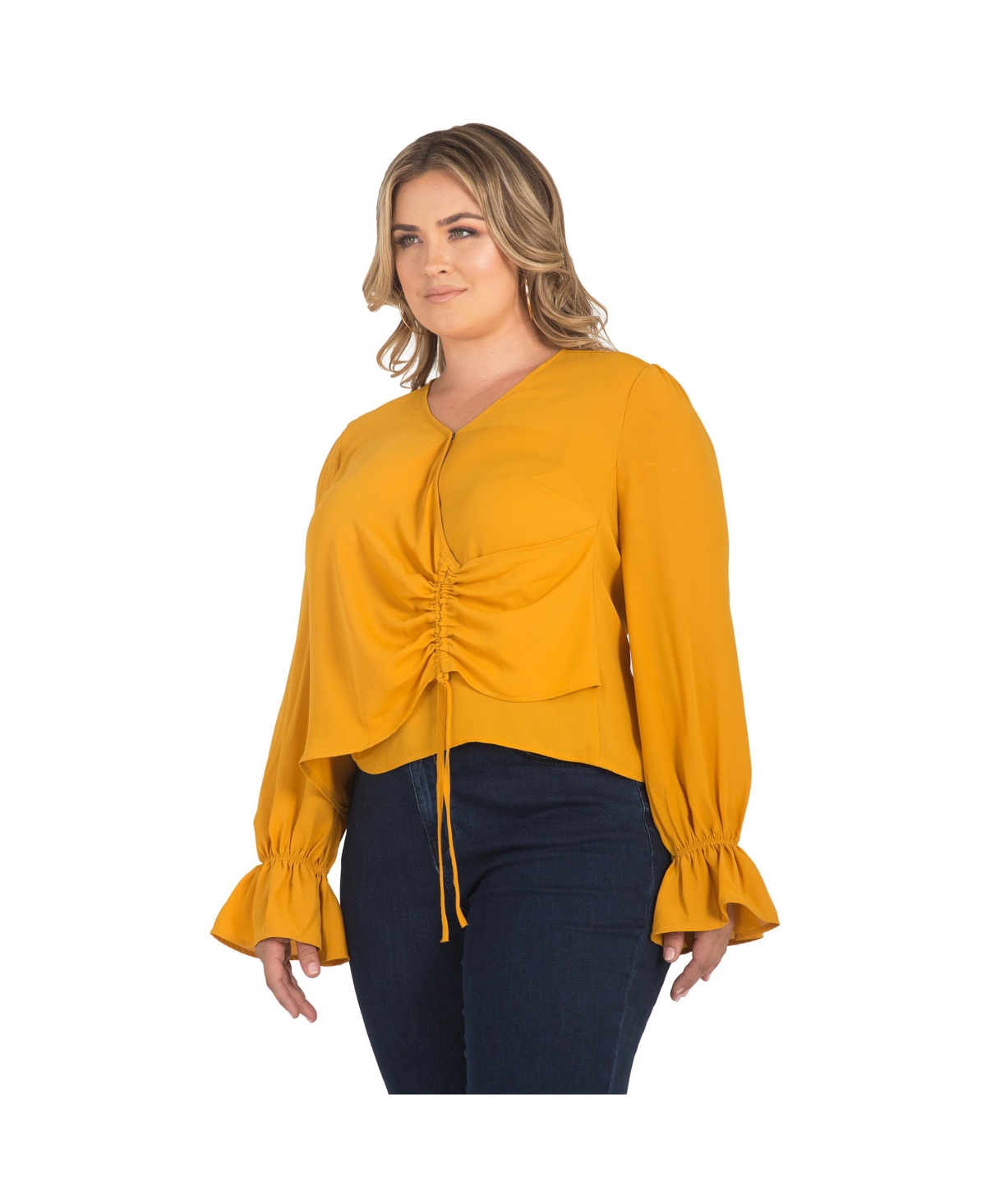 Standards & Practices Plus Size Long Flute Sleeve Surplice Neckline Wrap Blouse