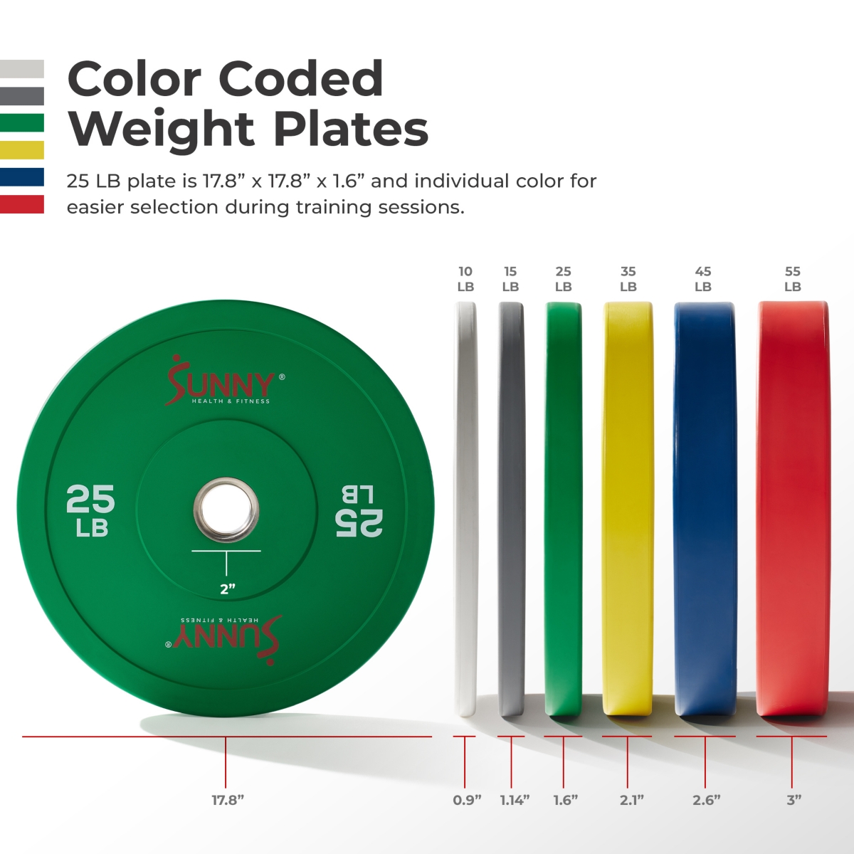 Sunny Health & Fitness Elite 2-inch Rubber Olympic Bumper Weight Plate Lb Color Coded with Steel Hub