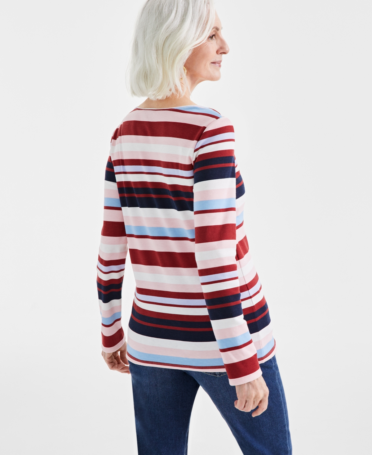 Style & Co Women's Striped Long Sleeve Scoop-Neck Top, Created for Macy's