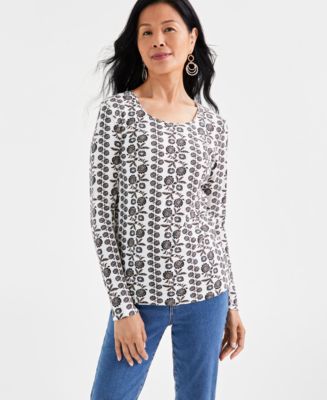売れ筋商品|||スタイルアンドコー カットソー トップス レディース Women's Cotton Long-Sleeve Scoop-Neck Top, Created for Macy's Deep Black Women's Cotton Long-Sleeve Scoop-Neck Top, PP-4X, Created