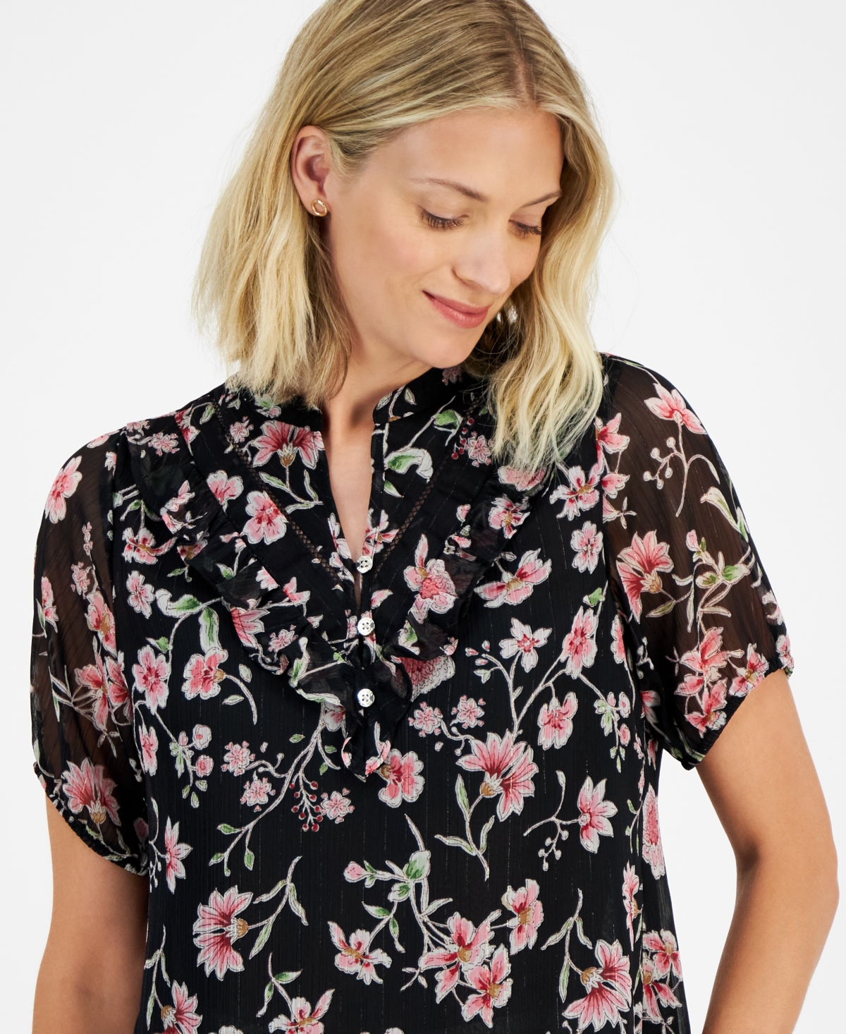 Nautica Jeans Women's Printed Ruffle-Trim Short-Sleeve Top