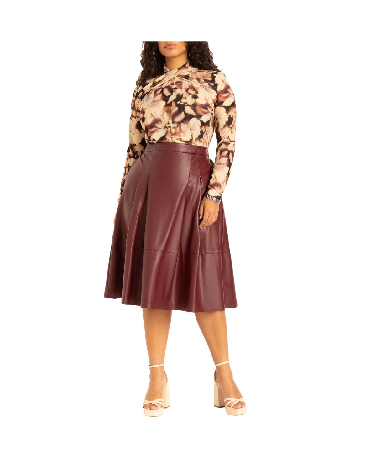 Plus Size Faux Leather Full Midi Skirt - Roasted pecan
