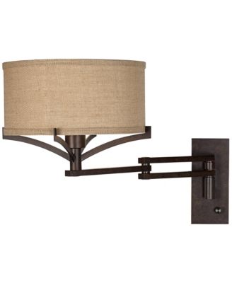 Tremont Rustic Farmhouse Swing Arm Wall Lamp Bronze Plug-in Light Fixture Tan Burlap Drum Shade for Bedroom Bedside Living Room