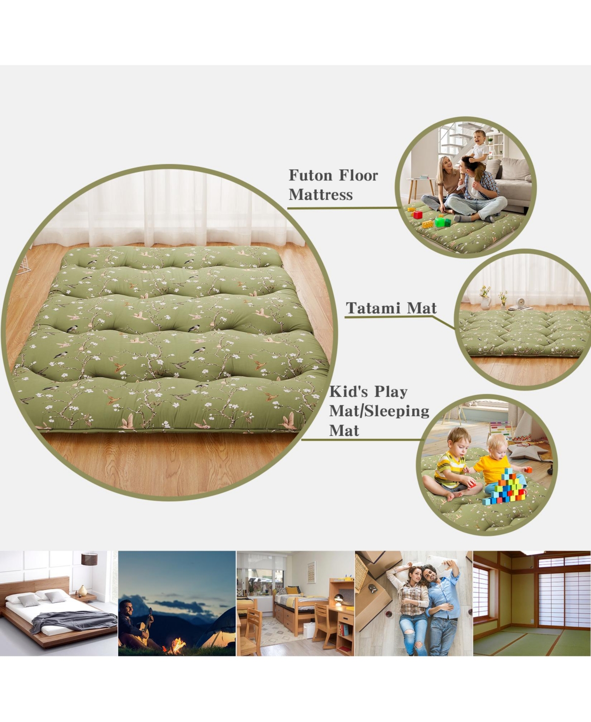 Caromio Size Futon Mattress Floor Mattress Pad Bird Floral Print Portable Dorm Sleeping Pad, 54